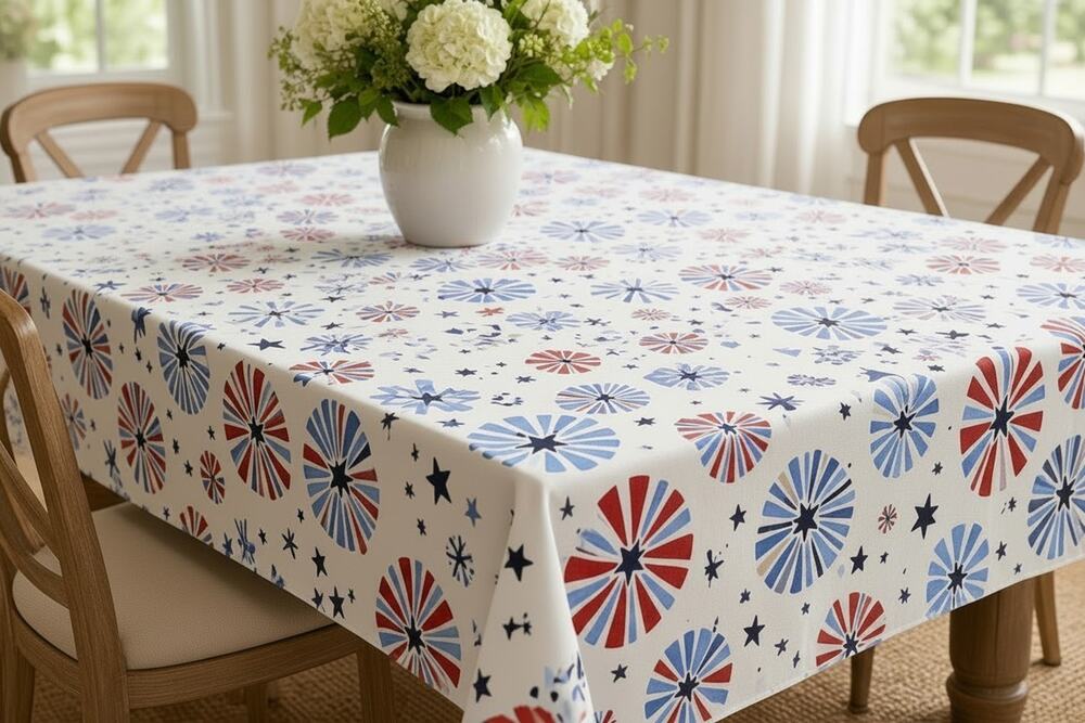 Celebrate Americana Patriotic Fireworks Vinyl Tablecloth 60x84 Red White Blue